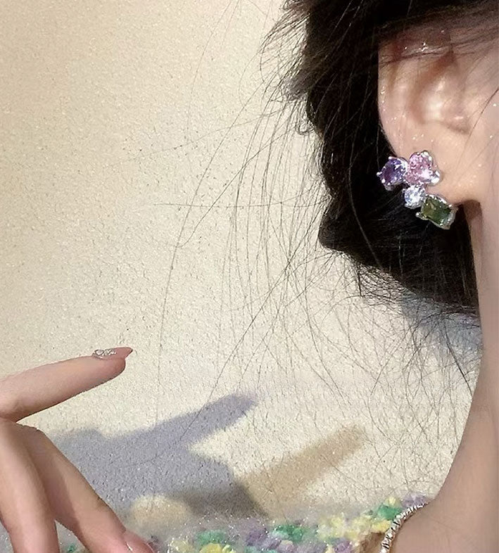 Green Geometric Diamond Flower Earrings