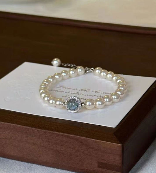 Bohonaut Aquamarine Pearl Beaded Bracelet Boho Vintage