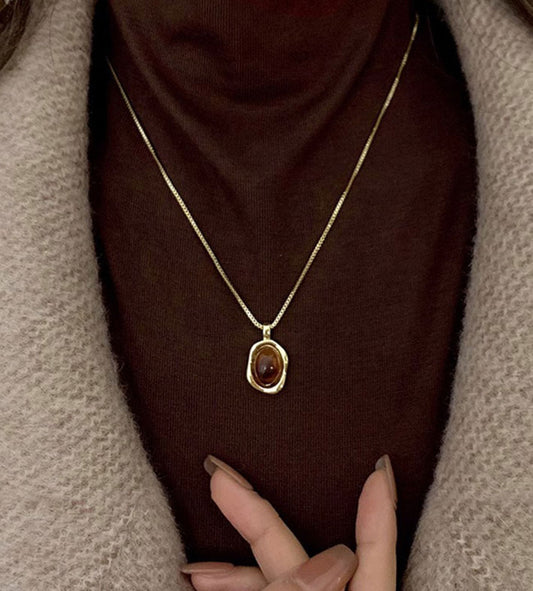 Sweater Chain Golden Tiger Eye Stone Necklace